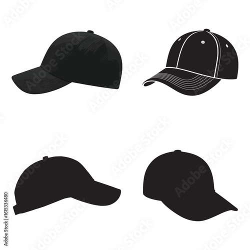 Set of Black Baseball Cap Silhouettes – Vector Style Sports and Fashion Headwear Icons

