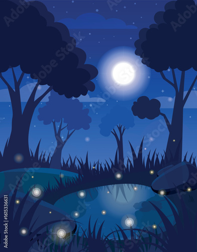 Magical Night Forest with Fireflies and Moonlit Pond
