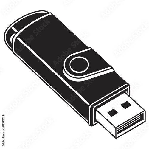Modern black and white illustration of a swivel cap usb flash drive viewed from an isometric perspective