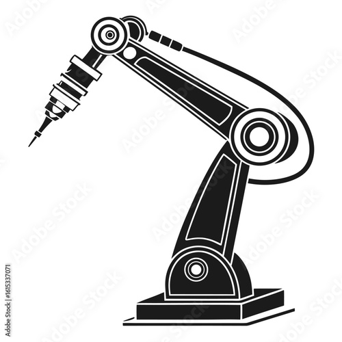 Stylized black and white illustration of a robotic arm with a pointed tool on a white background