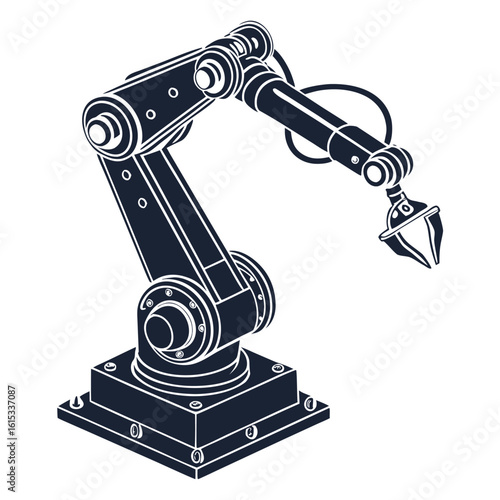 Industrial robotic arm with gripper in a dark silhouette style on a white background representing automation