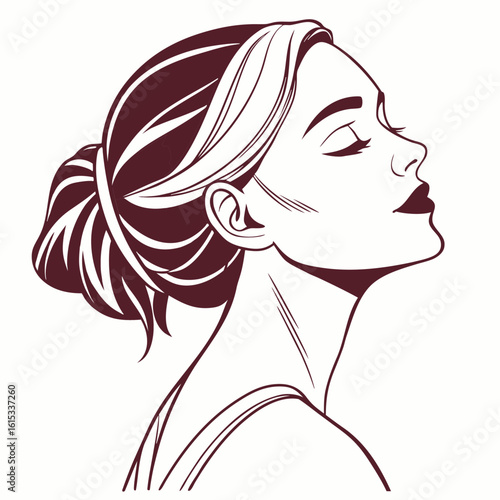 Elegant woman s profile with closed eyes and hair in a bun rendered in a minimalist line art style