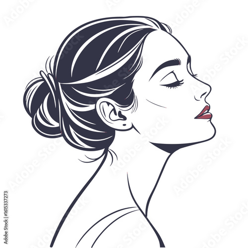 Elegant woman in profile with dark hair in a bun and red lipstick serene expression