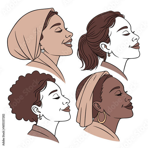 Diverse women in profile with closed eyes and gentle smiles showcasing different hairstyles and head coverings