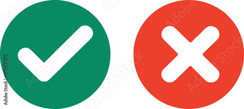 Green Check Mark and Red Cross in Circles on Isolated White Background Approval