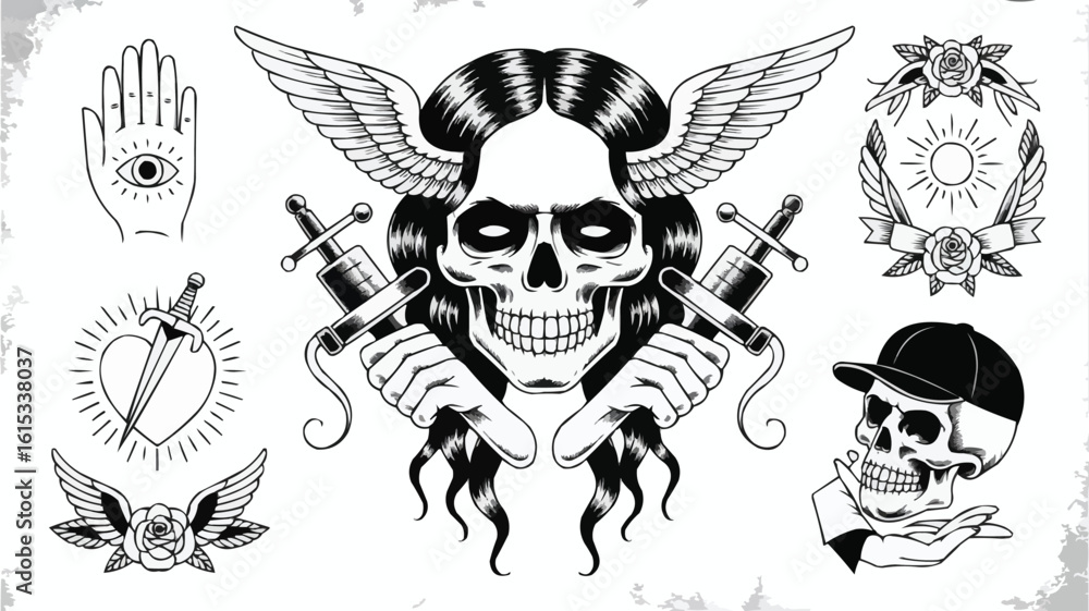 Fototapeta premium Tattoo Flash Sheet Skulls, Wings, Roses, Eye in Hand, Sword in Heart, Tattoo Machines