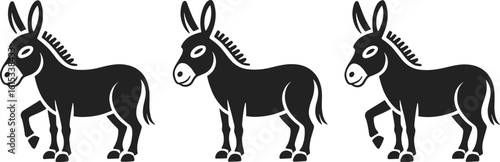 Three black donkeys walking in a row animal mammal