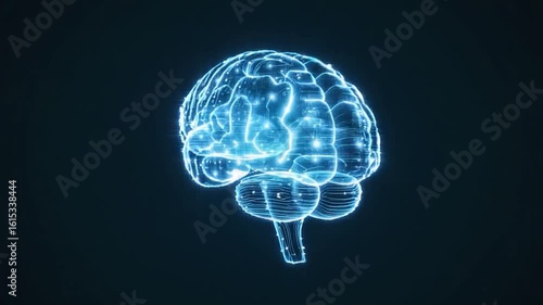 A glowing, light-blue, digital representation of a brain, with intricate network lines and points of light