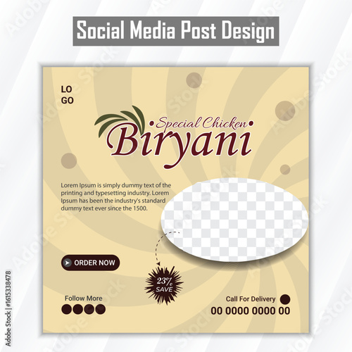 Modern and elegant biryani food social media post design template. Spicy biryani food social media post template.