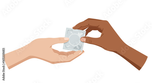 Two hands exchanging a condom on a white background  