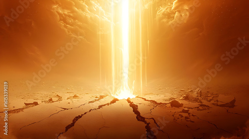 Golden, powerful energy erupts from a cracked earth, illuminating a dramatic sky