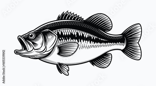 Black and white illustration of a largemouth bass fish
