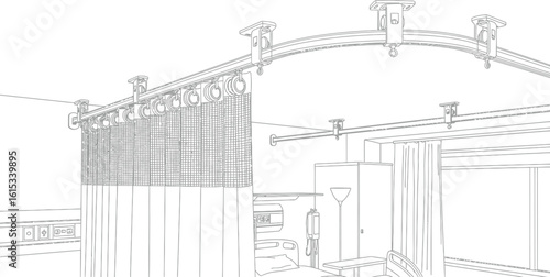 Vector art of a hospital curtain system for patient privacy and room division, isolated on white background