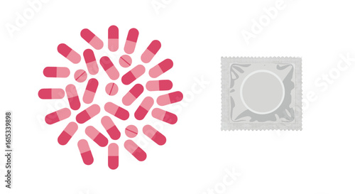 Cluster of pink capsules next to a condom on transparent background  