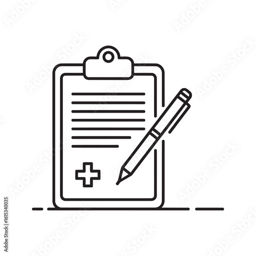Medical prescription form icon on clipboard with pen and plus sign for doctor diagnosis patient treatment and healthcare documentation line vector stroke