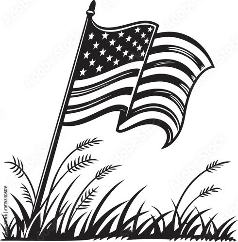 A vibrant illustration of the American flag, a patriotic symbol of the USA, with stars and stripes waving on the grass and a clean white background