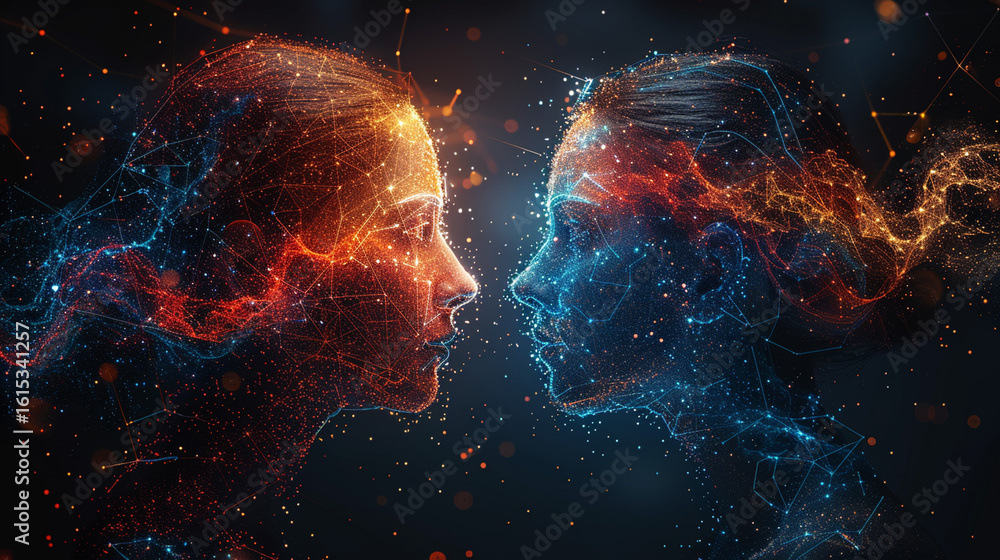 Fototapeta premium Two abstract particle faces connect in space, energy flows between them