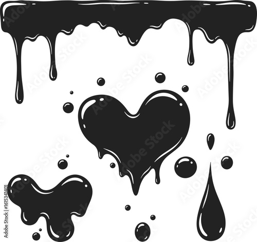 Black liquid drips melting heart shape ink blots and drops vector