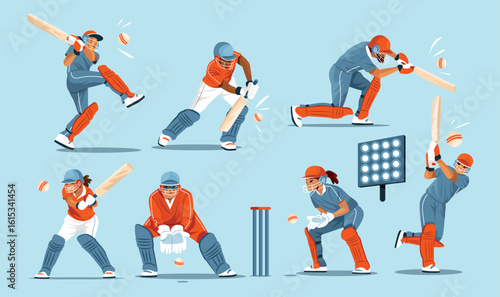 Flat Dynamic Cricket Players Illustration Set