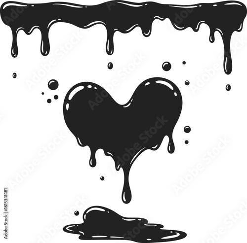 Black liquid drips melting heart shape ink blots vector