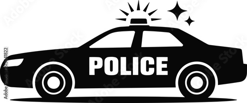Police Car Silhouette With Siren Stars, Law Enforcement Vehicle Isolated Symbol