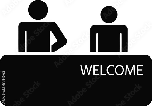 Reception Desk Icon with Welcome Sign Black Pictogram Isolated on White Background