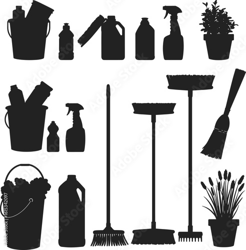 Black silhouettes of cleaning supplies and plants cleaning tools buckets