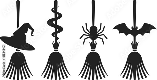 Black icons of Halloween symbols on broomsticks witch hat snake