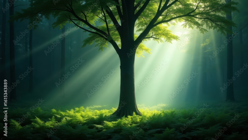 Obraz premium Sunlight filtering through a misty forest.