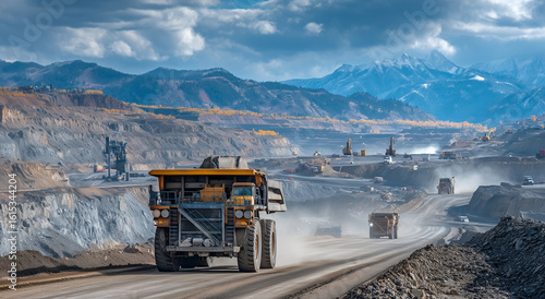 Large Scale Open Pit Mining Operation In Rugged Terrain With Trucks Machinery And Mountain Backdrop