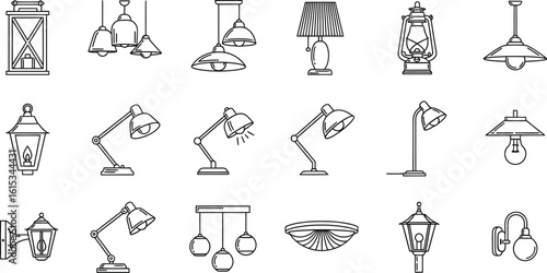 Vector art of a set of different types of lamps, including chandeliers, lanterns, and table lamps, showcasing various illumination designs and styles in a sketch drawing