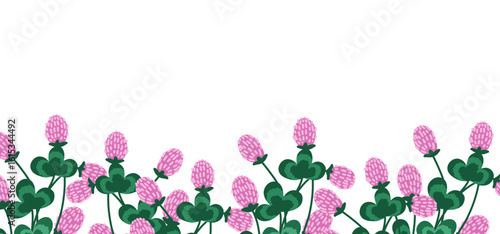Horizontal backdrop with red clovers on white, vector illustration 