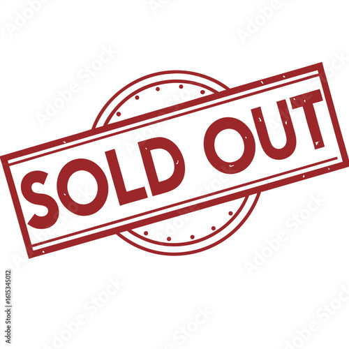 Rectangular vintage sold out stamp design indicates scarcity against a white background