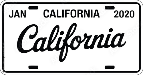 White California License Plate, January 2020, Black Text, Isolated on White Background