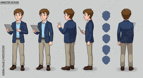 Character design sheet of a young man in a blue blazer, showing front, side, and back turnaround views.