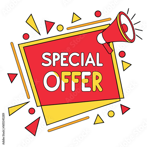 Red megaphone announces white special offer text with yellow elements around it