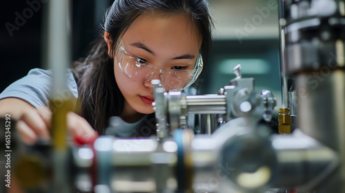 Focused young female scientist working with high tech machinery in a laboratory