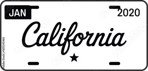 White License Plate with California Script, Month January and Year 2020