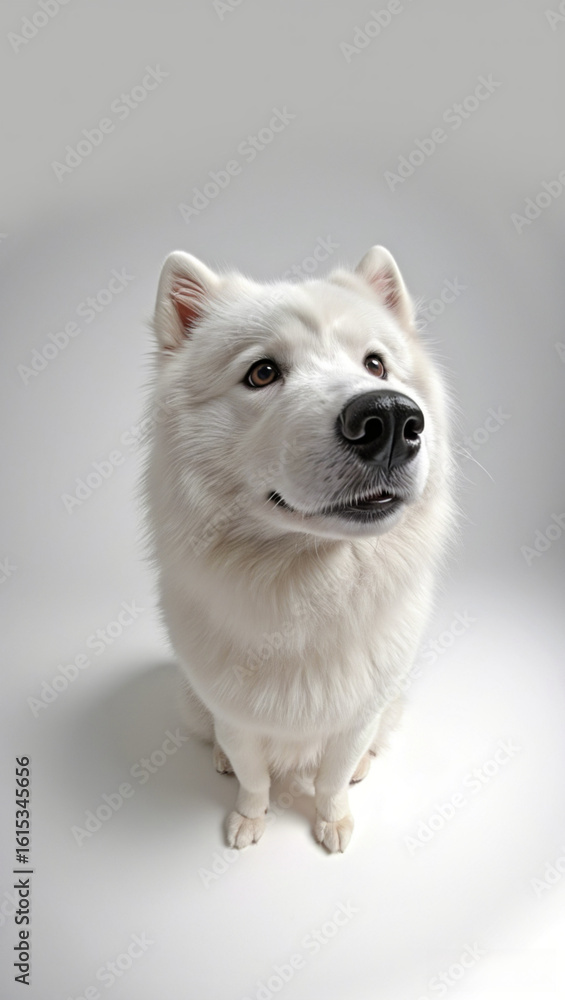 Fototapeta premium Cute and funny shots of Samoyed dogs taken with a fisheye lens