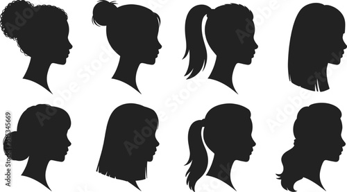Diverse female profiles with varied hairstyles silhouette head