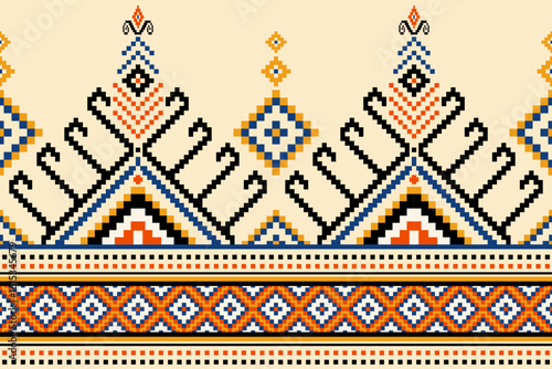 Seamless pixel art ethnic pattern with triangular motifs, curls, and diamond shapes in blue, orange, and black. Inspired by tribal embroidery and traditional woven textiles, for fabric, background.