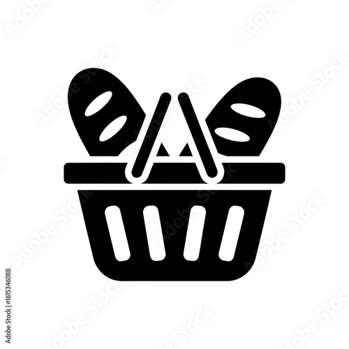 Minimalist black and white illustration of a picnic basket filled with freshly baked bread ideal for graphic design and icon use