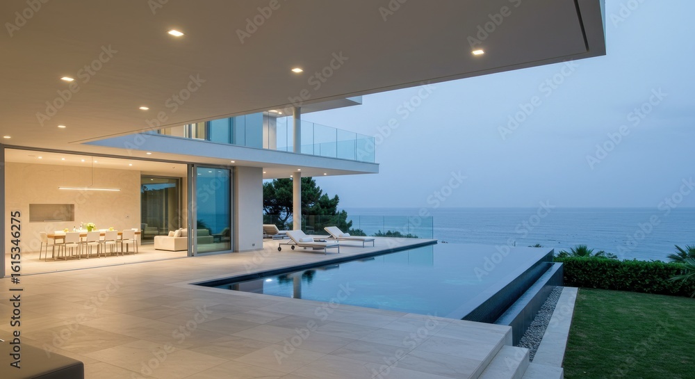 Fototapeta premium Modern beachfront villa with infinity pool at dusk. Open-plan living area flows to a patio overlooking the ocean. Light-colored flooring, walls, and furniture. Contemporary design