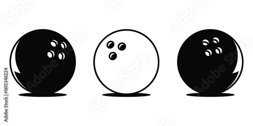 Three bowling balls arranged in a row, one white and two black, on white background.
