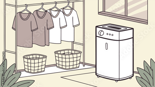 Modern dehumidifier appliance in laundry room, indoor clothes drying rack with hanging t-shirts, household laundry day illustration in flat line art style