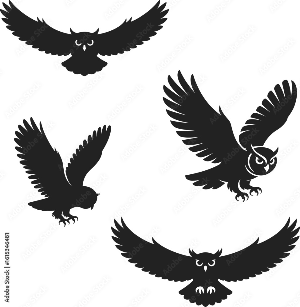 Obraz premium Four black owls in flight flying wings spread