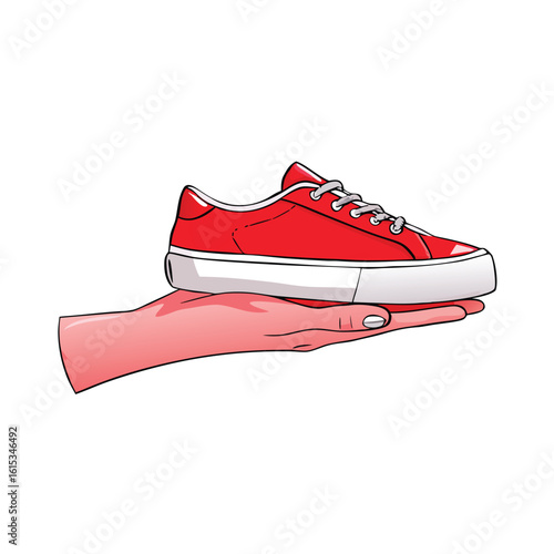 Red sneaker held by a pink hand shoe footwear