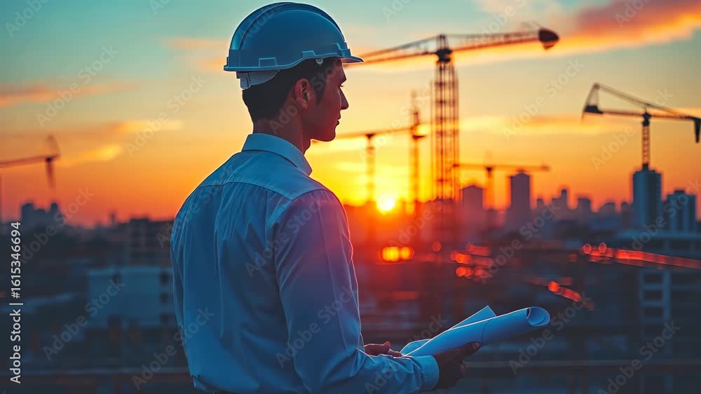 Asian Engineer Overseeing Construction Project at Sunset Asian Engineer Overseeing Construction Project at Sunset