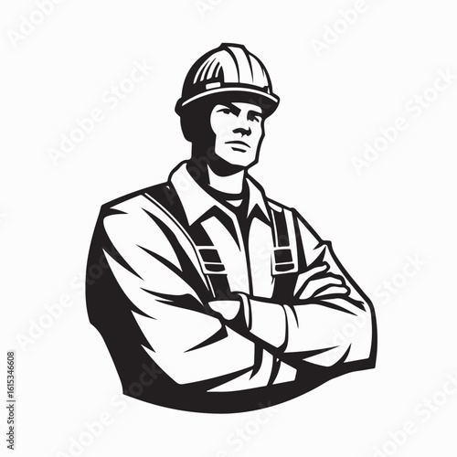 Strong Construction Worker Standing Proud with Folded Arms Vector Logo Design