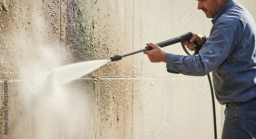 Man uses a pressure washer to clean a dirty wall showcasing home maintenance and power washing